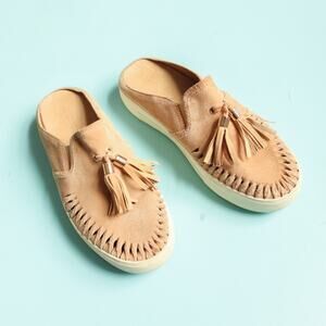 J Slides NYC Andie Leather Slip On Tassel Platform Mules Size 7 Brown Tan